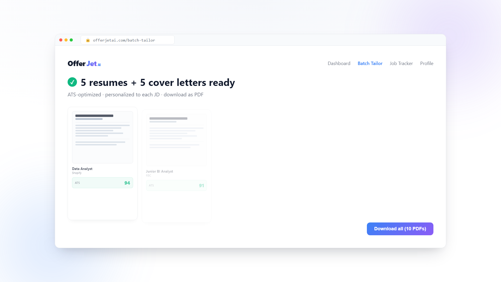 OfferJetAI Batch Tailor — 5 resumes and 5 cover letters generated in one batch